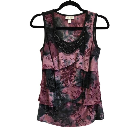 Y2K Whimsigoth Fairy PM Sleeveless Velvet Floral Tiered Tank Top Blouse Purple - Picture 1 of 10